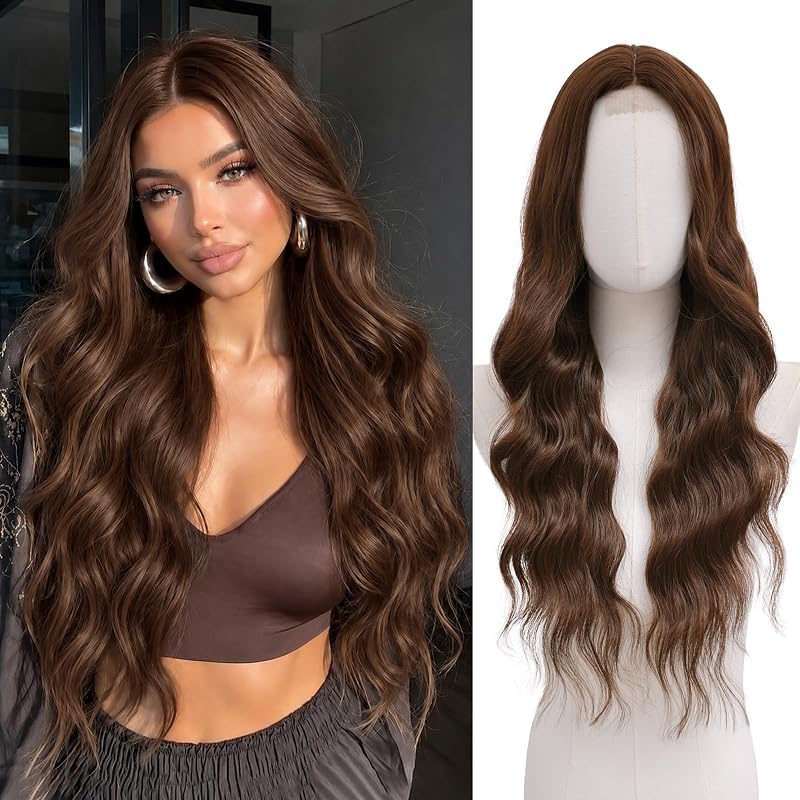 NAYOO Chocolate Brown Wig for Women, 26 Inch Long Wavy Synthetic Wig, Middle Part Wig