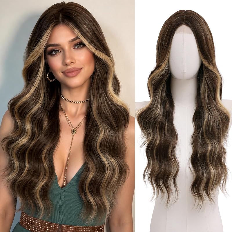 NAYOO Mocha Brown Balayage Wig for Women, 26 Inch Long Wavy Synthetic Wig