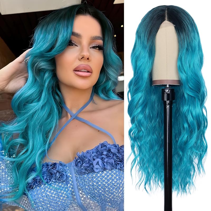NAYOO Bluish Green Wig for Women,26 Inch Middle Part Lace Hairline Wig