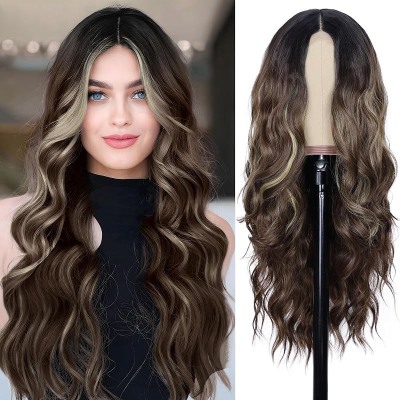 NAYOO Brown Wig for Women,26 Inch Lace Hairline Middle Part Synthetic Wig