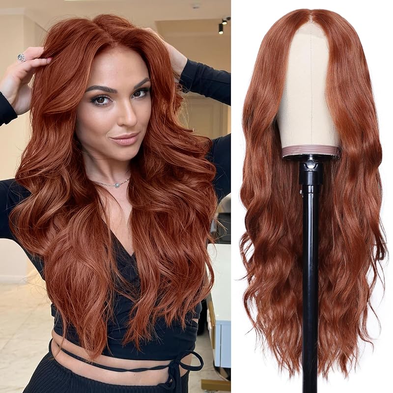NAYOO Auburn Wig for Women,26 Inch Lace Hairline Middle Part Synthetic Wig