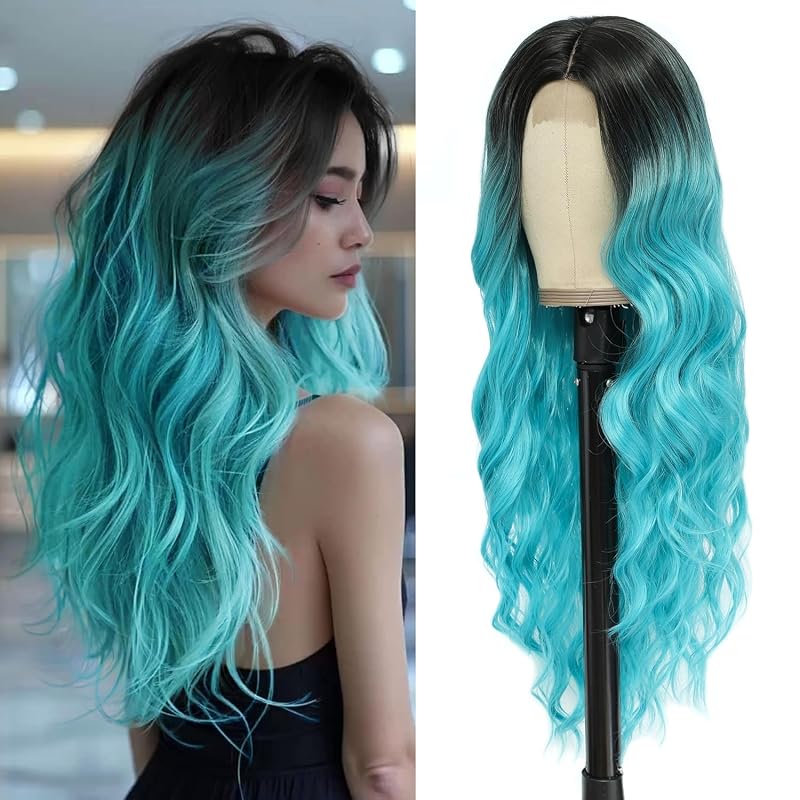 Cosplay Long Teal Ombre Wig 26 Inch Middle Part Synthetic Wigs for Women