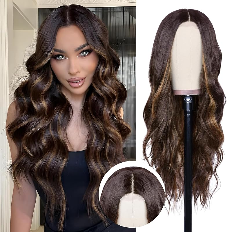 NAYOO Brown Wig for Women,26 Inch Lace Hairline Middle Part Synthetic Wig