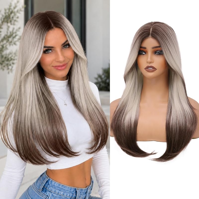 WECAN 24 Inch Brown Layered Wig for Women 4x4 Realistic Scalp Free Parting