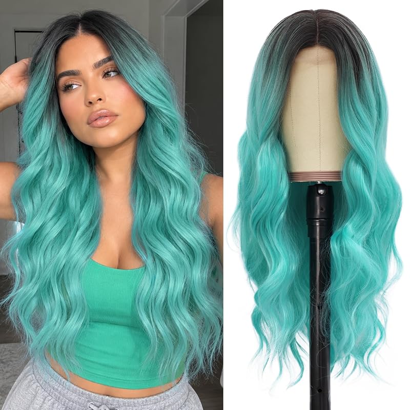 NAYOO Mint Green Wig for Women, 26 Inch Middle Part Wavy Synthetic Wig
