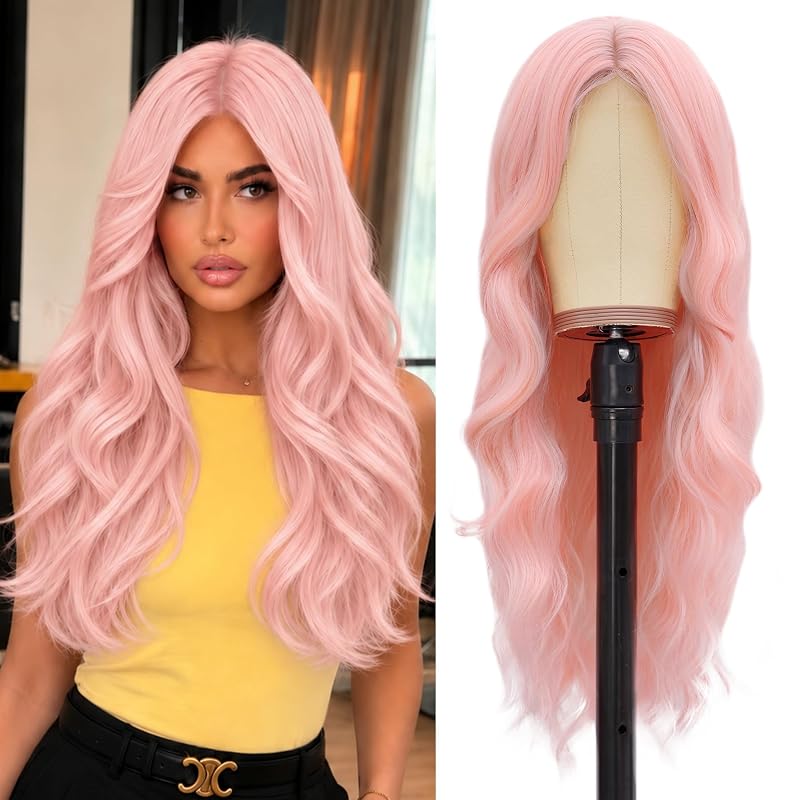 NAYOO Pink Wig for Women, 26 Inch Middle Part Wavy Synthetic Wig