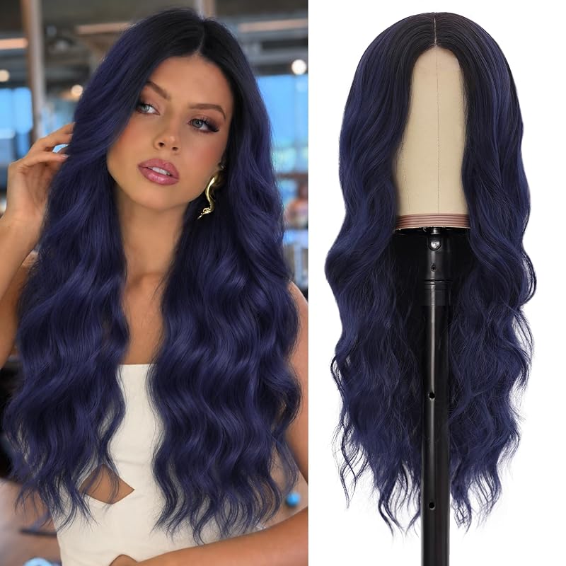NAYOO Dark Blue Wig for Women, 26 Inch Middle Part Wavy Synthetic Wig