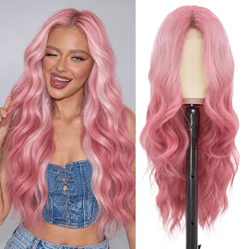 NAYOO Rose Pink Wig for Women, 26 Inch Middle Part Wavy Synthetic Wig