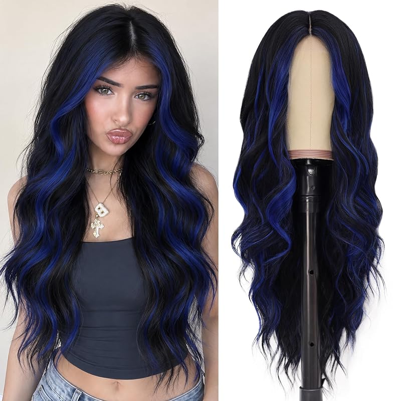 NAYOO Black Blue Wig for Women, 26 Inch Middle Part Wavy Synthetic Wig