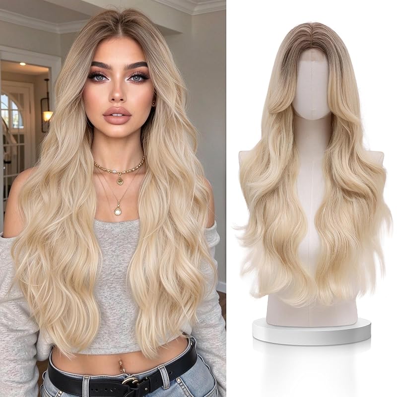Ombre Platinum Blonde Wig for Women,28 Inch Long Wavy Synthetic Wig