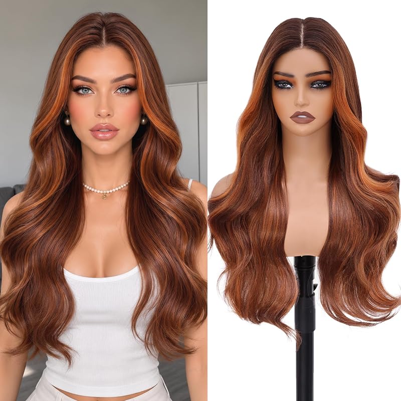 MOCA HAIR Copper Auburn Highlights Wig for Women,26 inch Long Wavy Wig