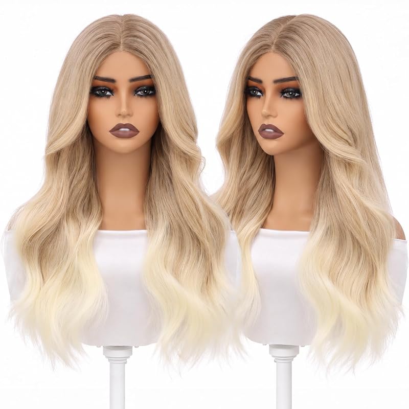Dirty Blonde Wigs for Women, 22 Inch Wavy Synthetic Wig, 4x4 Free Parting