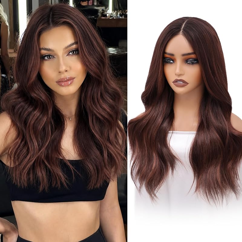 Dark Auburn Brown Wigs for Women, 22 Inch Long Wavy Synthetic Wig