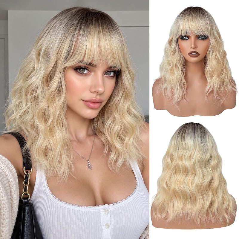 NAYOO Rooted Champagne Blonde Wig for Women, 14 Inch Wavy Synthetic Wig