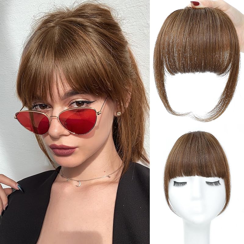 100% Human Hair Clip In Bangs for Women with Roller Thin Golden Light Brown