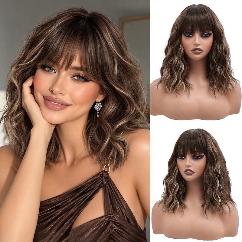 NAYOO Mocha Brown Wig with Caramel Highlights, Synthetic Wavy Wig with Bangs for Women, 14 Inch Short Brown Wig
