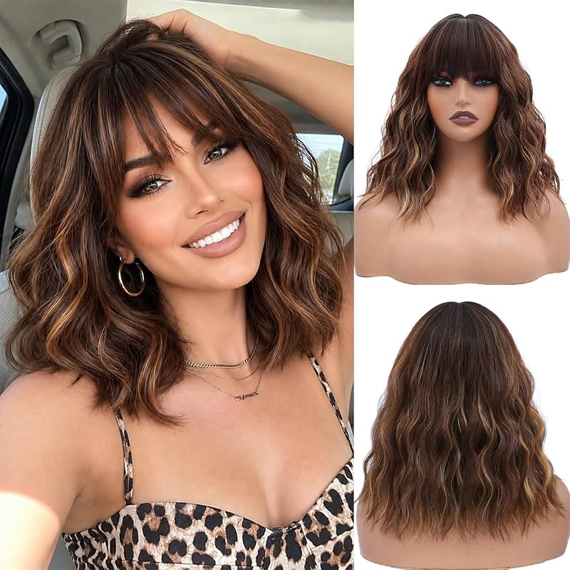 NAYOO Brown Highlight Wig for Women, 14 Inch Wavy Chocolate Caramel Wig
