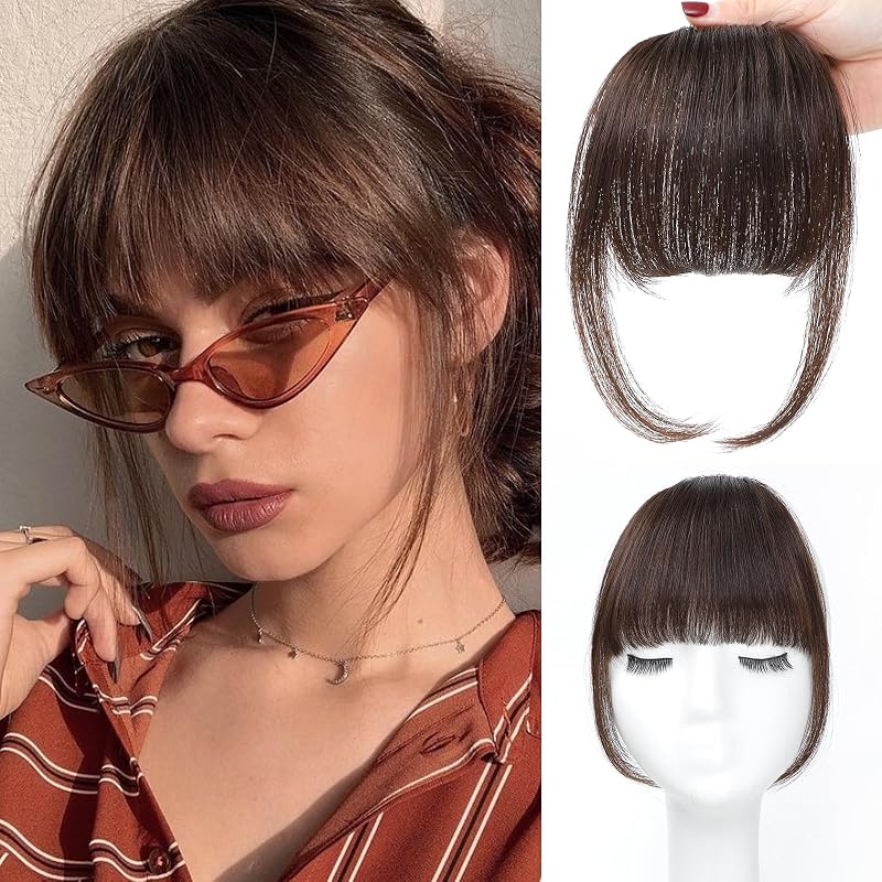 100% Human Hair Clip In Bangs for Women with Roller Thin Reddish Brown