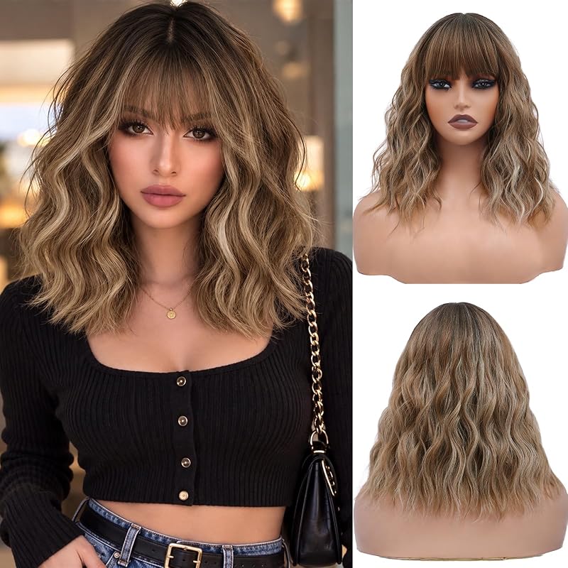 NAYOO Brown Wig for Women, 14 Inch Light Ash Brown with Blonde Highlight Wig, Natural-Looking Synthetic Wavy Wig