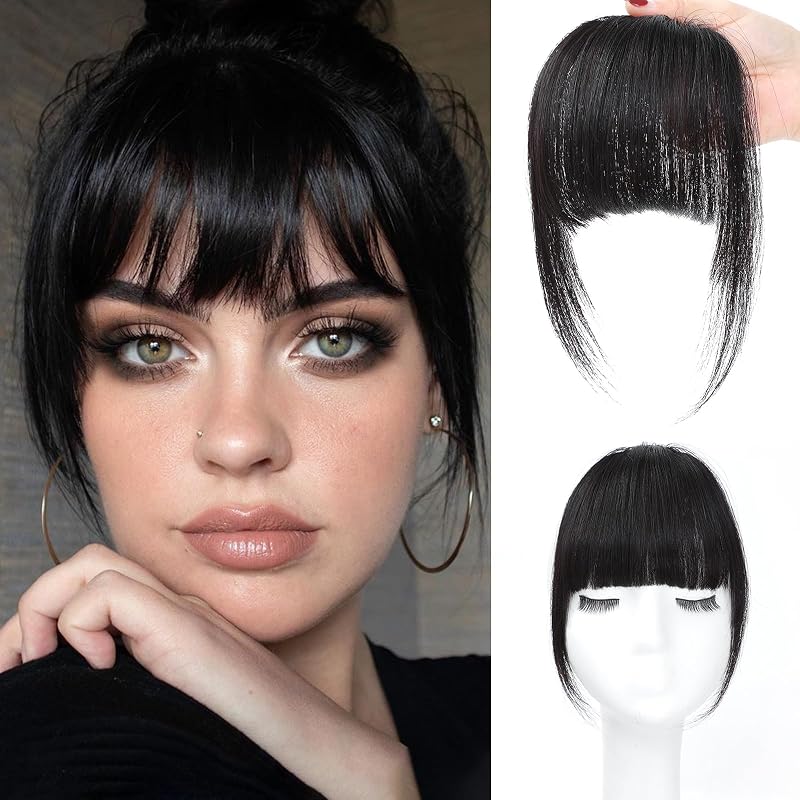 100% Human Hair Clip In Bangs for Women with Roller Thin Neutral Black