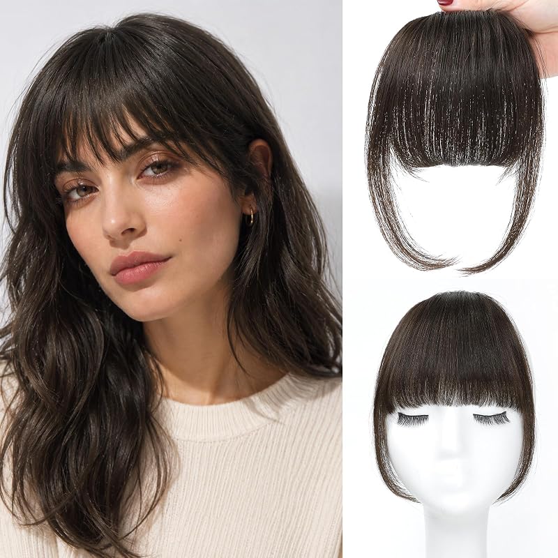 100% Human Hair Clip In Bangs for Women with Roller Thin Deep Natural Brown