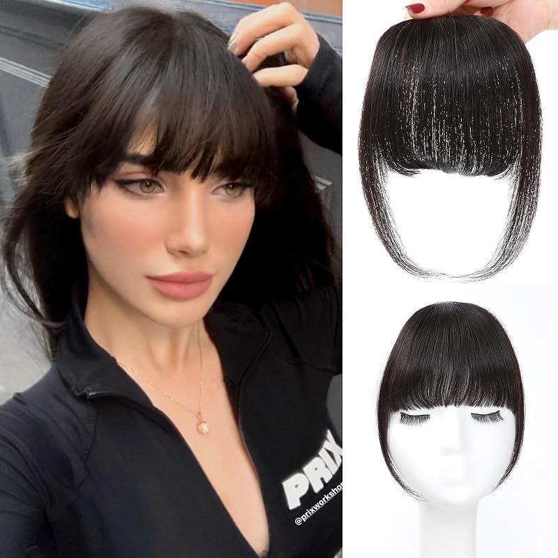 100% Human Hair Clip In Bangs for Women with Roller Thin Muted Medium Brown