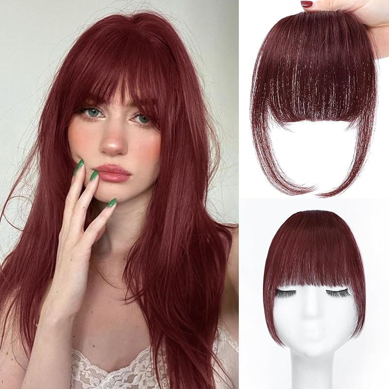 100% Human Hair Clip In Bangs for Women with Roller Thin Deep Wine Red