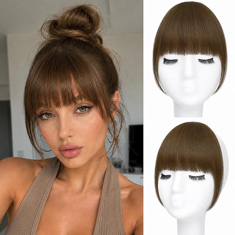 100% Human Hair Clip In Bangs for Women with Roller Thin Taupe Medium Brown