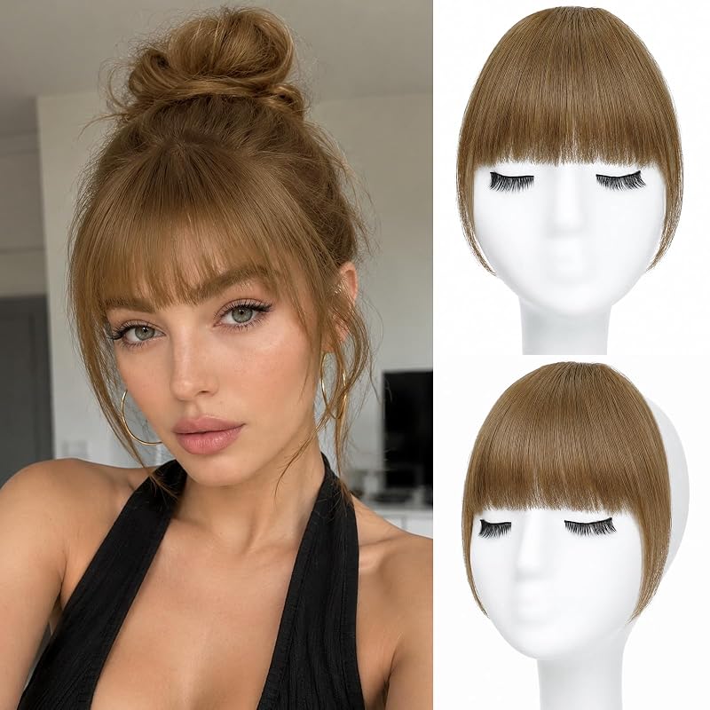 100% Human Hair Clip In Bangs for Women with Roller Thin Warm Honey Brown