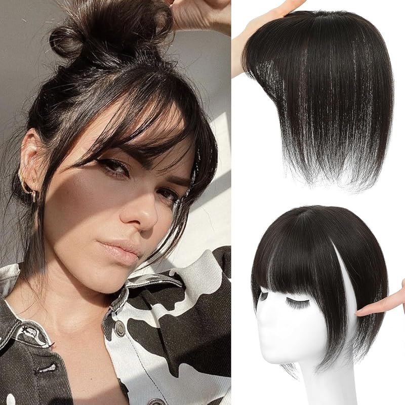 NAYOO Hair Toppers for Women Real Human Hair, 360° Cover Clips in Full Fringe Fake Bangs Hair Pieces for Women Girls Daily Wear (Brown Black)
