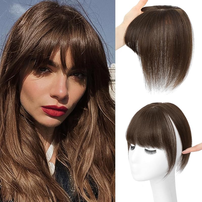 NAYOO Hair Toppers for Women Real Human Hair, 360° Cover Clips in Full Fringe Fake Bangs Hair Pieces for Women Girls Daily Wear (Dark Brown)