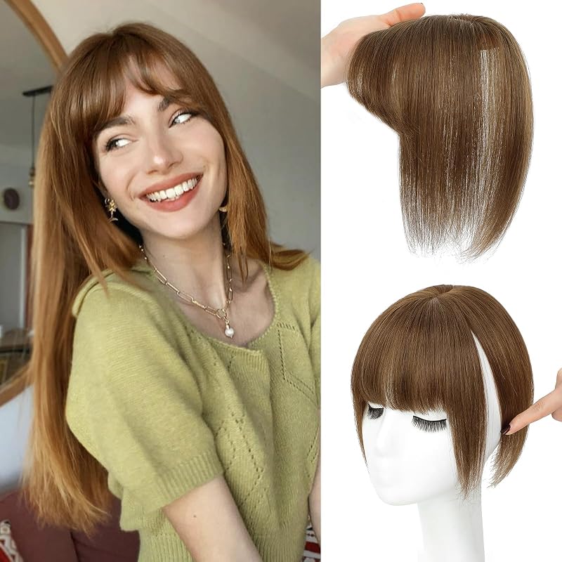 NAYOO Hair Toppers for Women Real Human Hair, 360° Cover Clips in Full Fringe Fake Bangs Hair Pieces for Women Girls Daily Wear (Medium Brown)