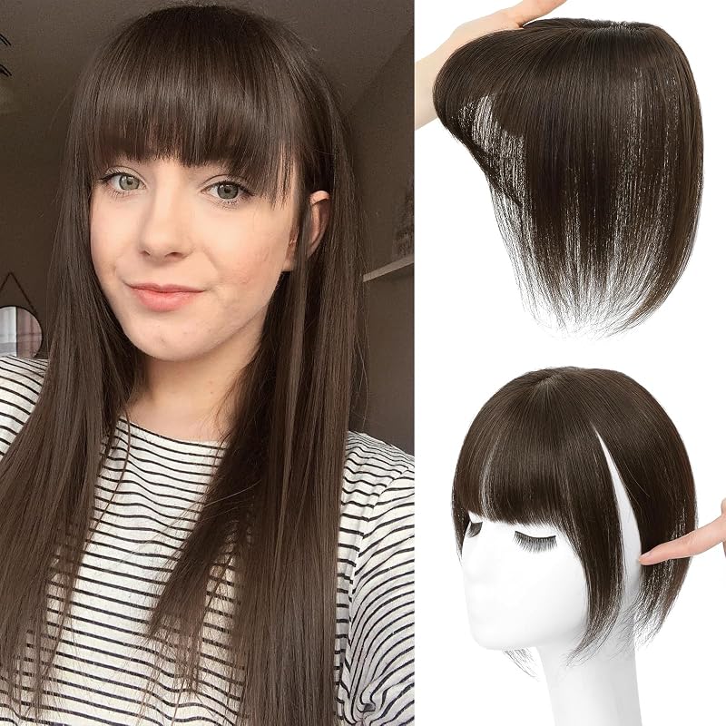 NAYOO Hair Toppers for Women Real Human Hair, 360° Cover Clips in Full Fringe Fake Bangs Hair Pieces for Women Girls Daily Wear (2# Darkest Brown)