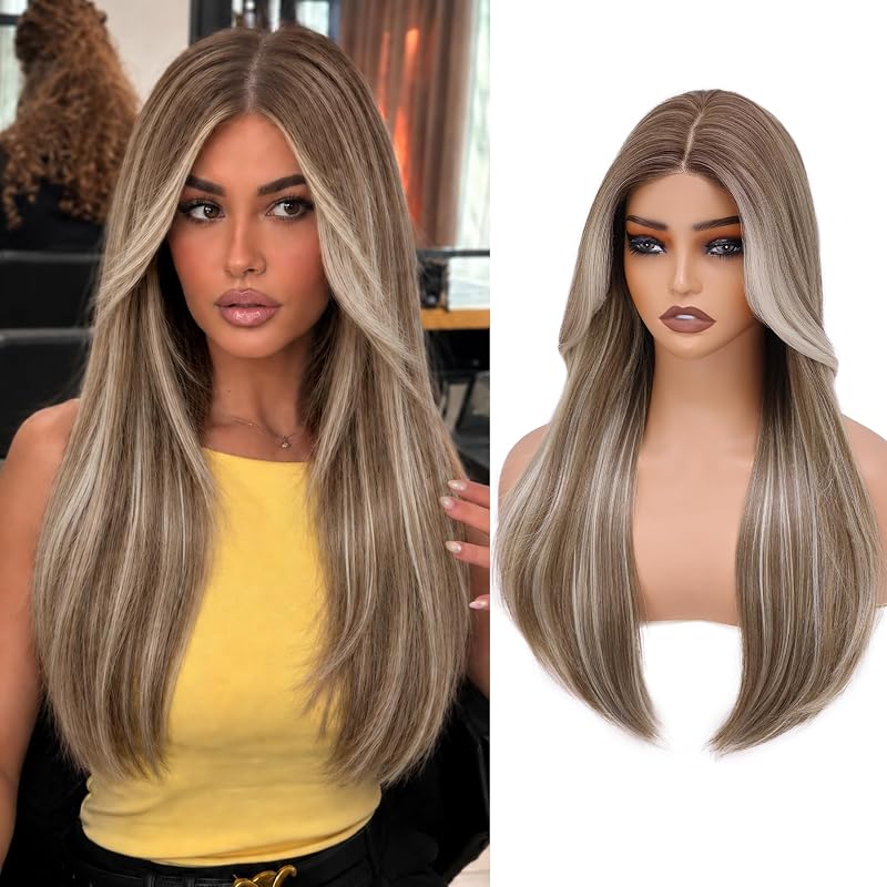 WECAN 24 Inch Brown Layered Wig for Women 4x4 Realistic Scalp Free Parting