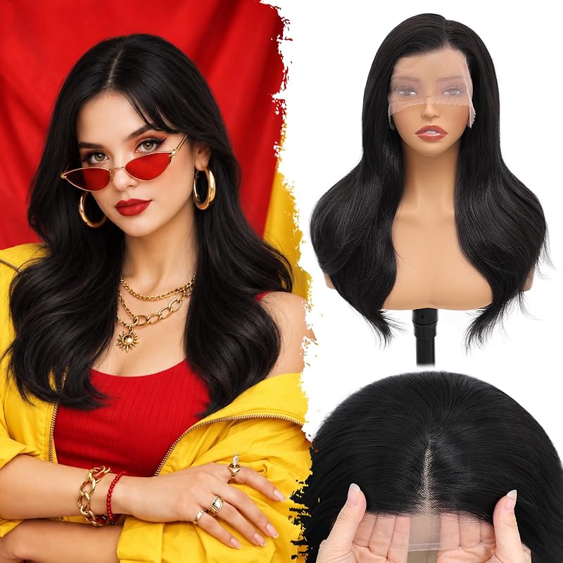 ROSISIND 13x4 Lace Front Wigs for Women,22 Inch Layered Wavy Black Wigs