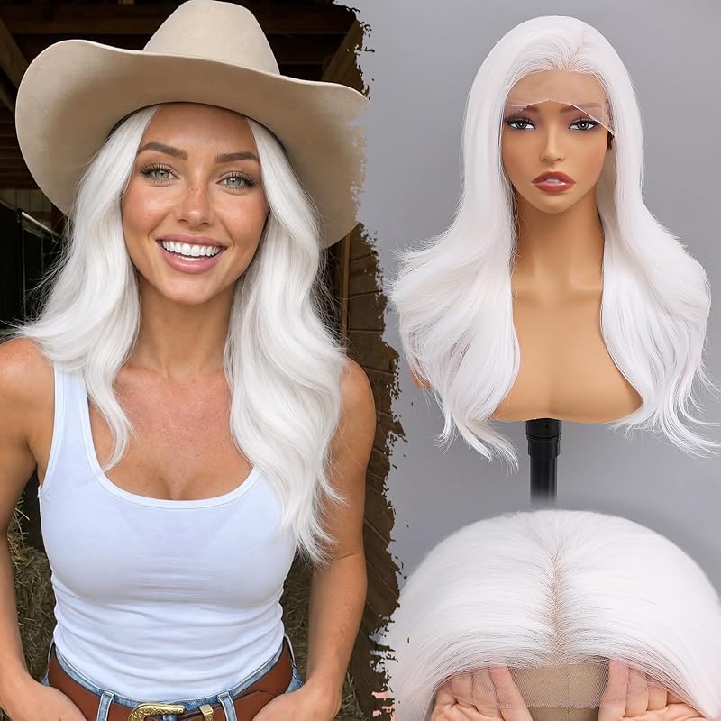 ROSISIND 13x4 Lace Front Wigs for Women，22 Inch Layered Wavy White Wigs