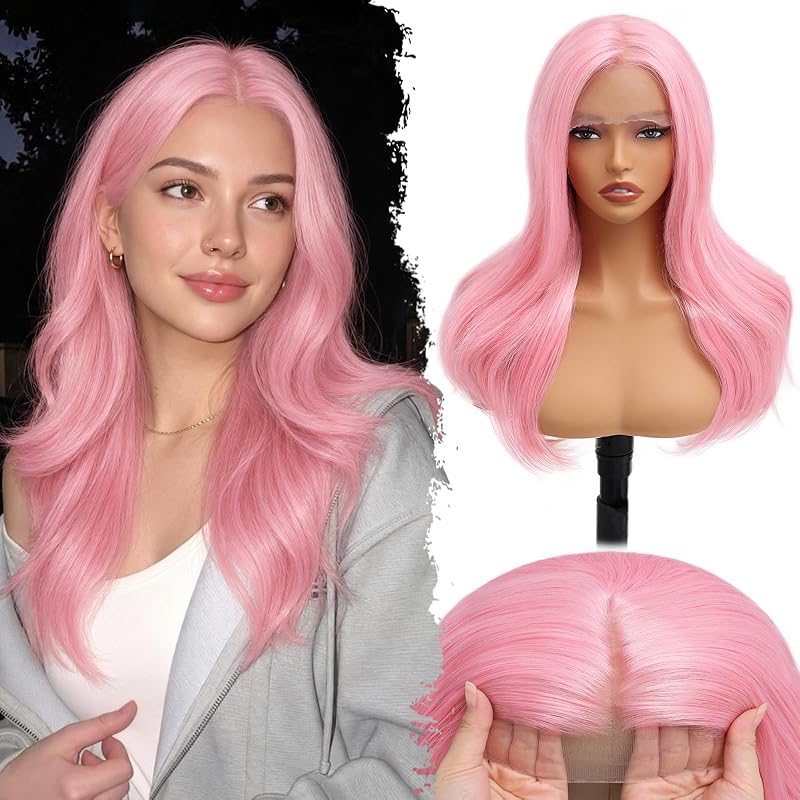 ROSISIND 13x4 Lace Front Wigs for Women，22 Inch Pink Layered Wavy Wigs