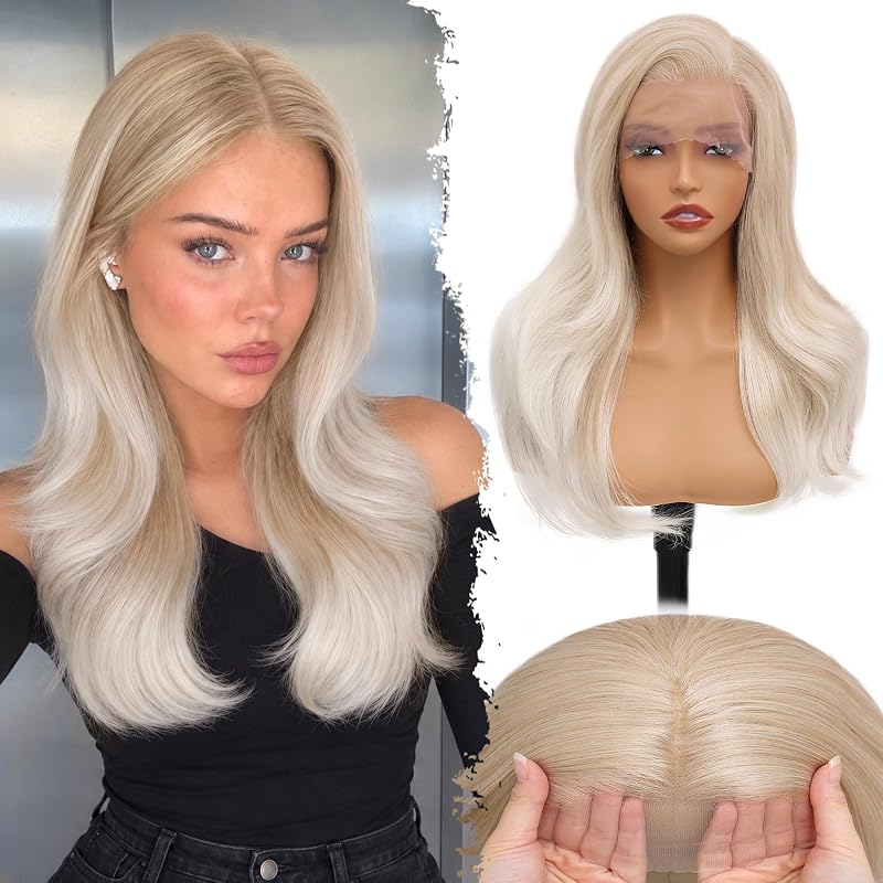 13x4 Lace Front Ombre Platinum Blonde Wig for Women，22Inch Layered Wavy Wig