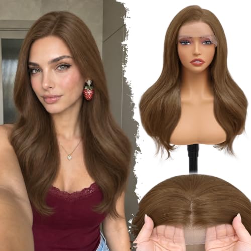 13x4 Lace Front Chestnut Brown Wigs for Women，22 Inch Layered Wavy Wigs