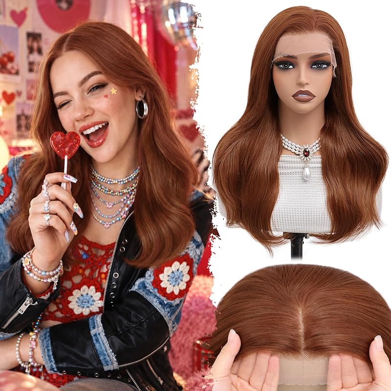ROSISIND 13x4 Lace Front Wigs for Women，22 Inch Layered Wavy Auburn Wigs