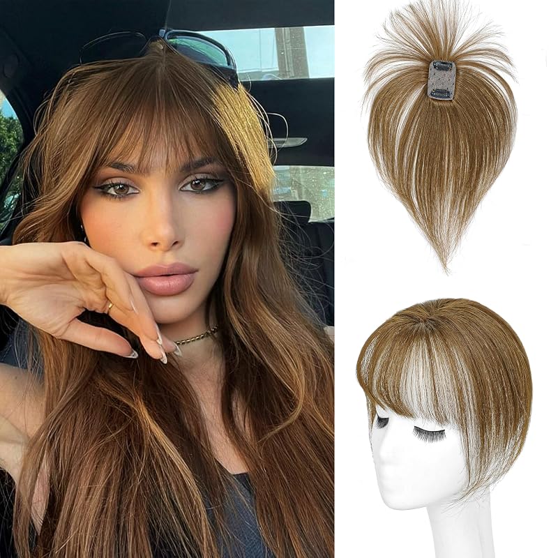 DinkyTims Hair Toppers for Women Real Human Hair - 360° Coverage Brown Clip In Topper with Bangs for Thinning Hair Upgraded 4×6 cm Silk Base Ideal for Everyday Use