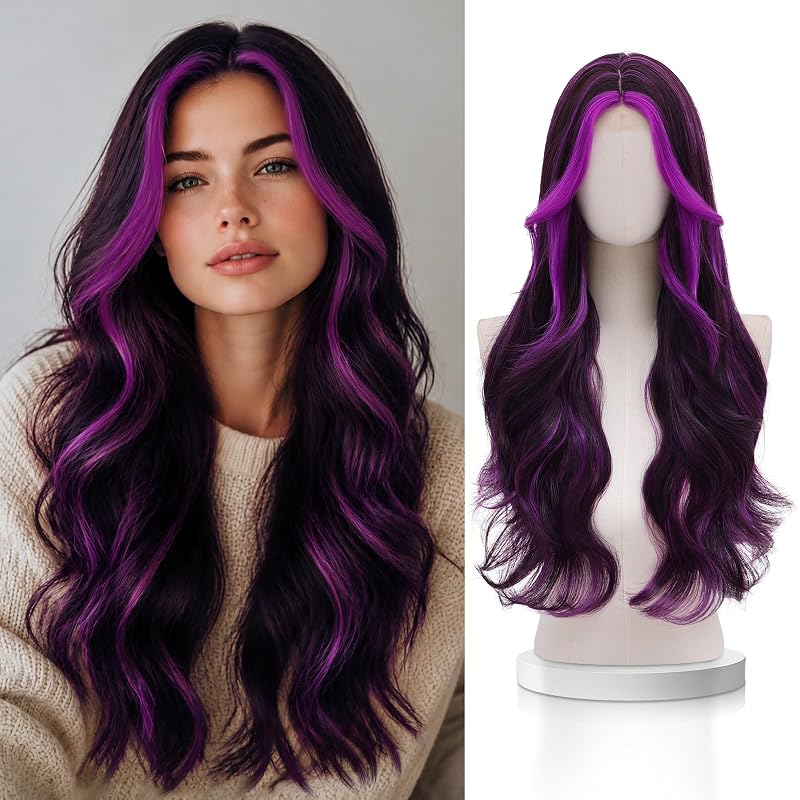 VERNA Purple Black Highlights Wig for Women,28 Inch Long Wavy Synthetic Wig
