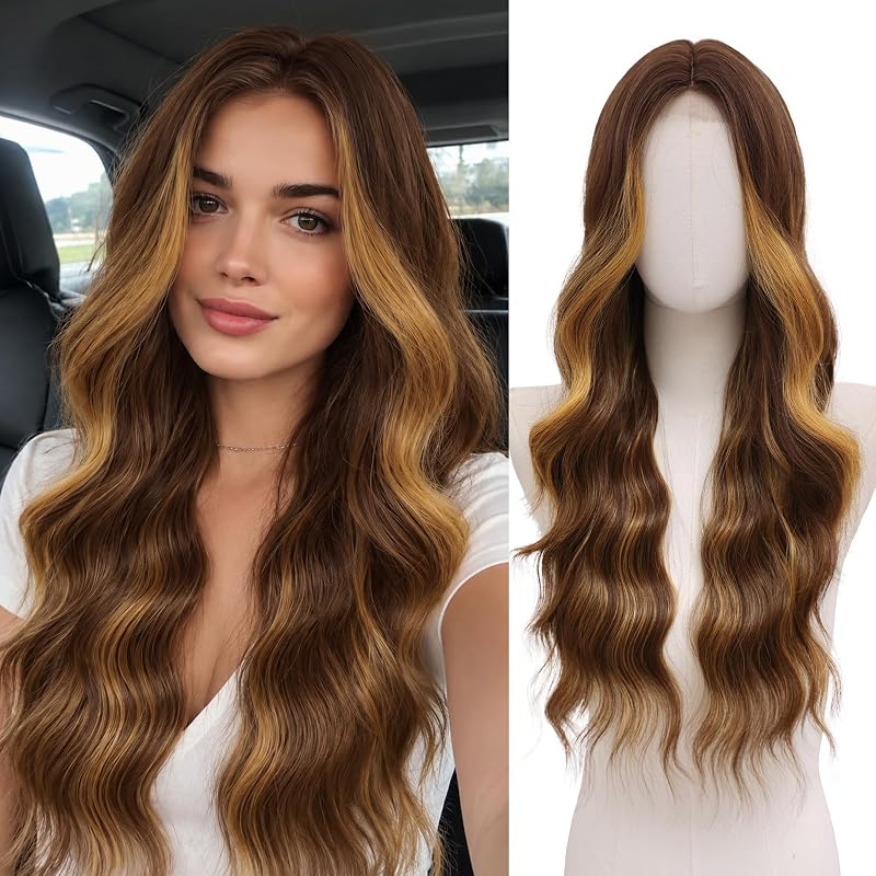 NAYOO Brown Wig for Women, 26 Inch Chocolate Brown Wig with Honey Blonde Highlights, Honey Blonde Highlighted Wavy Synthetic Wig
