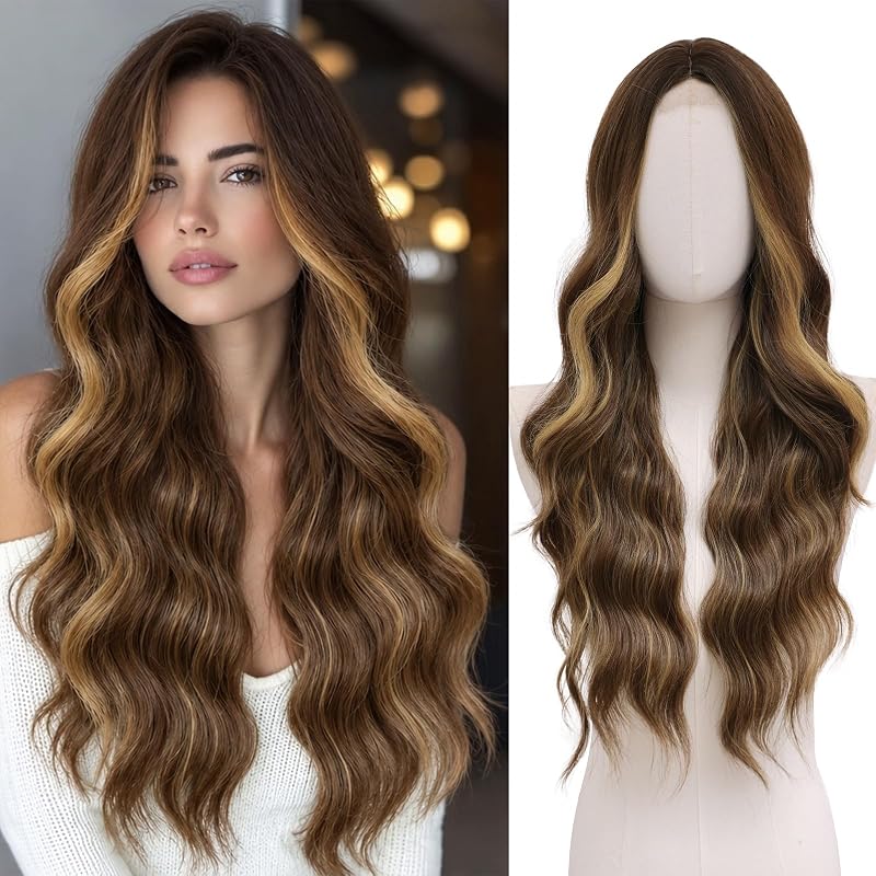 NAYOO Chocolate Brown Wig with Caramel Highlights, 26 Inch Brown Highlighted Wig, Long Wavy Synthetic Wig for Women