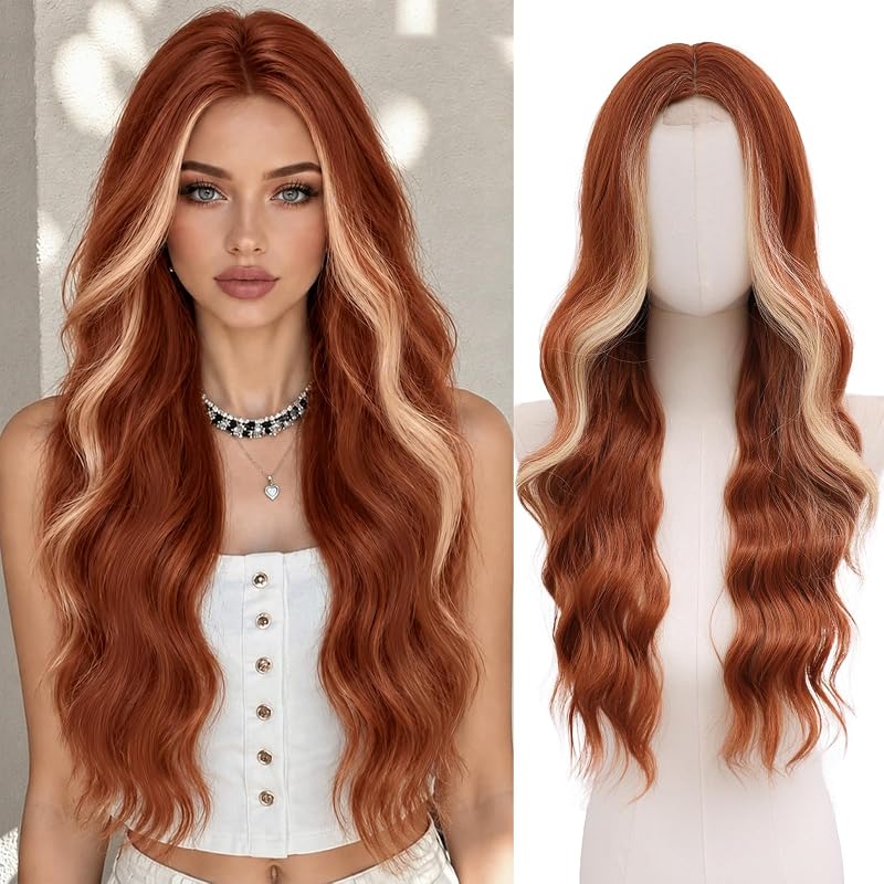 NAYOO Copper Auburn Wig with Blonde Highlights, 26 Inch Long Wavy Highlight Wig, Middle Part Copper Red Synthetic Wig for Women
