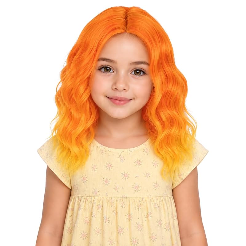 MEDO Orange Wig for Girls Kids Fire Wig 12inch Short Wave Halloween Party Costume Synthetic Flame Wig Child Wig for Girls (Ombre Orange)