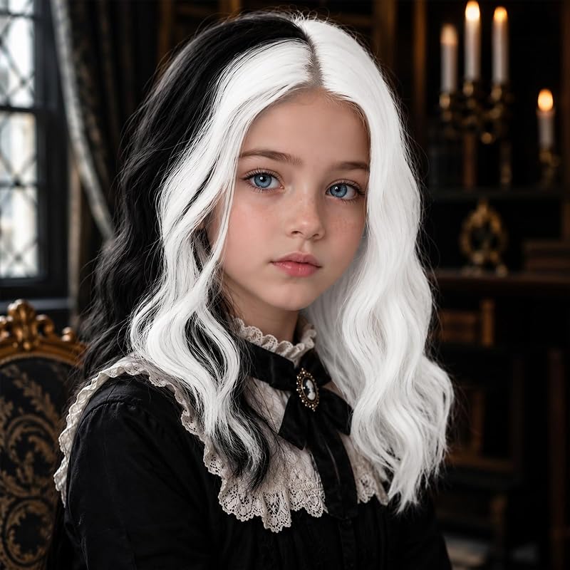 MEDO Black White Kids Wig Short Wave Child Wig 12inch Shoulder Length Wig for Gilrs Cosplay Party Heat Resistant Synthetic Hair Wig