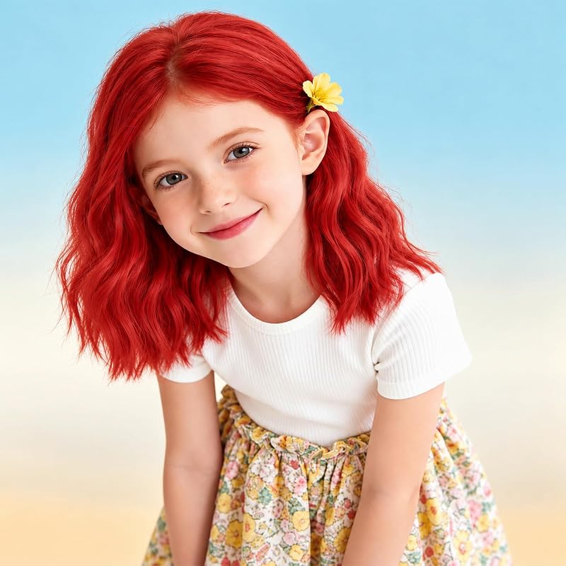 MEDO Red Wig Kids Child Wig Short Wavy for Gilrs 12inch Shoulder Length Cosplay Party Heat Resistant Synthetic Hair Wig (Red)