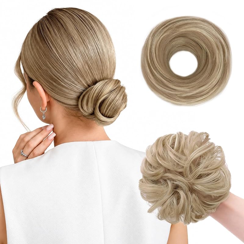 Wirctp 2PCS Messy Bun Hair Piece for Women, Small Donut Bun & Messy Bun Scrunchie for Thin Hair, Synthetic Hair Bun Extension, Natural-Looking Updo(Ash Blonde)