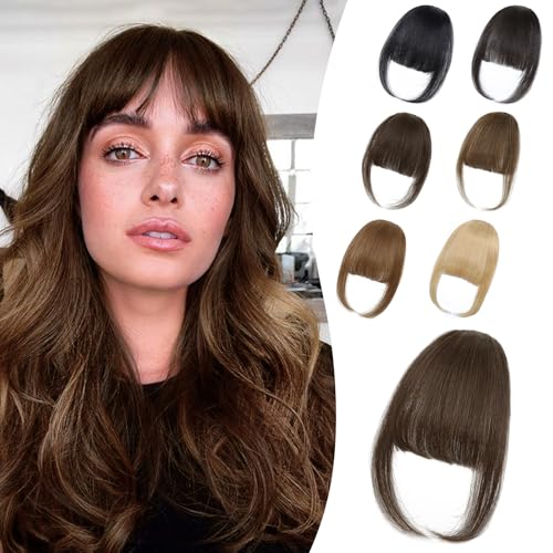 Clip in Bangs Real Human Hair Wispy Bangs Hair Clip, Medium Brown